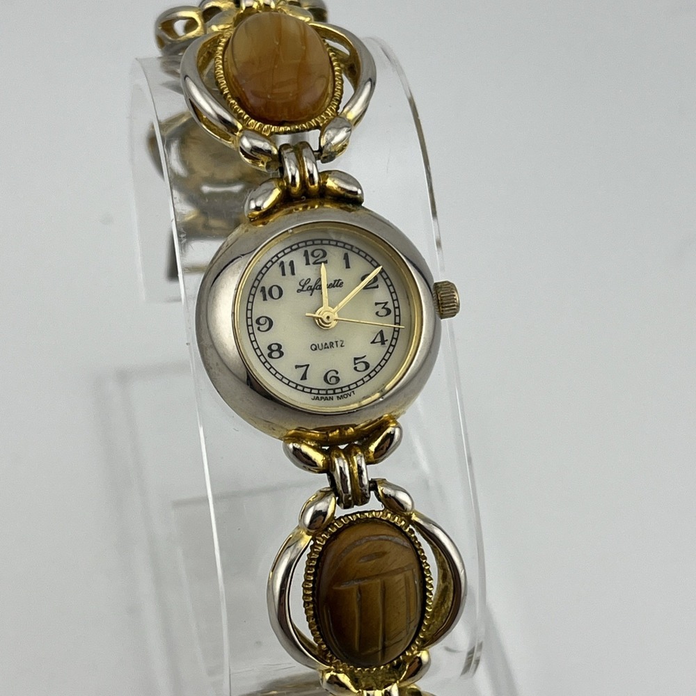 Vtg Lafayette Scarab Watch Women 21mm Gold Tone MOP Dial 7" Band- New Battery